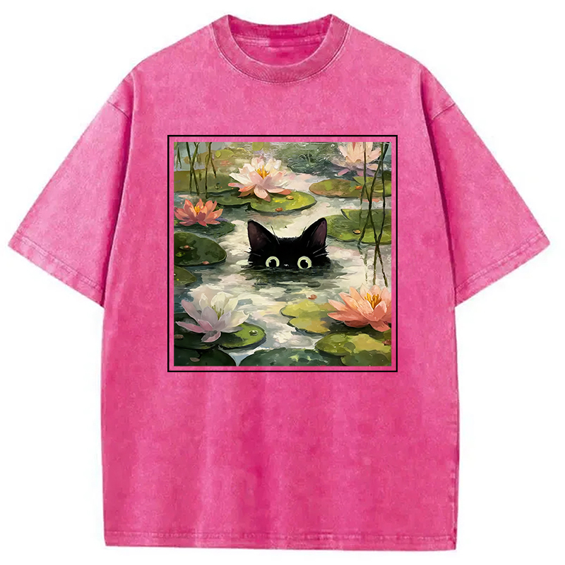 Modecanvas Black Cat and Lotus Flower Washed T-Shirt