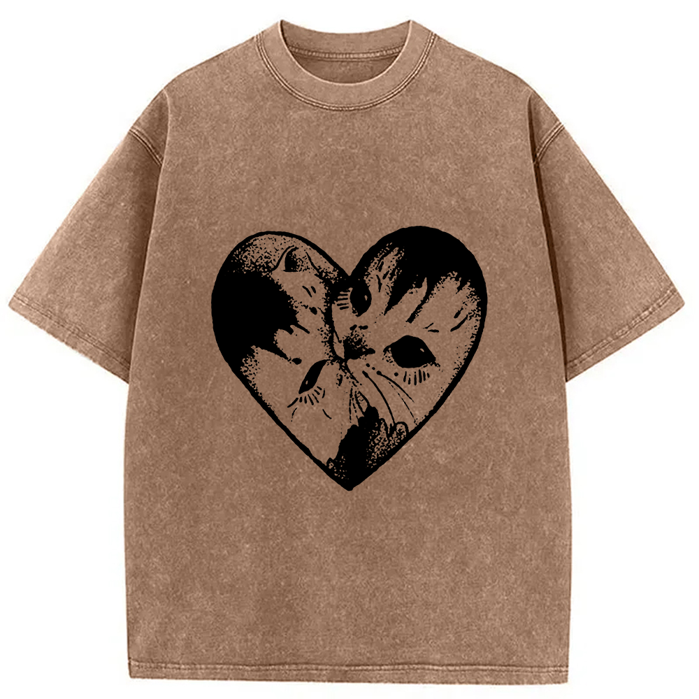 Modecanvas Heart Double Cats Washed T-Shirt