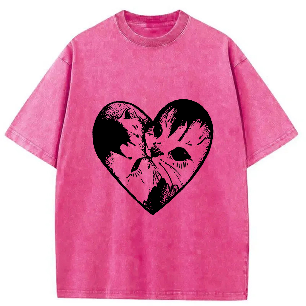 Modecanvas Heart Double Cats Washed T-Shirt