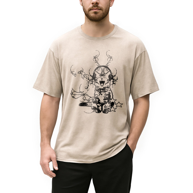 Modecanvas Funny Music Cat Washed T-Shirt
