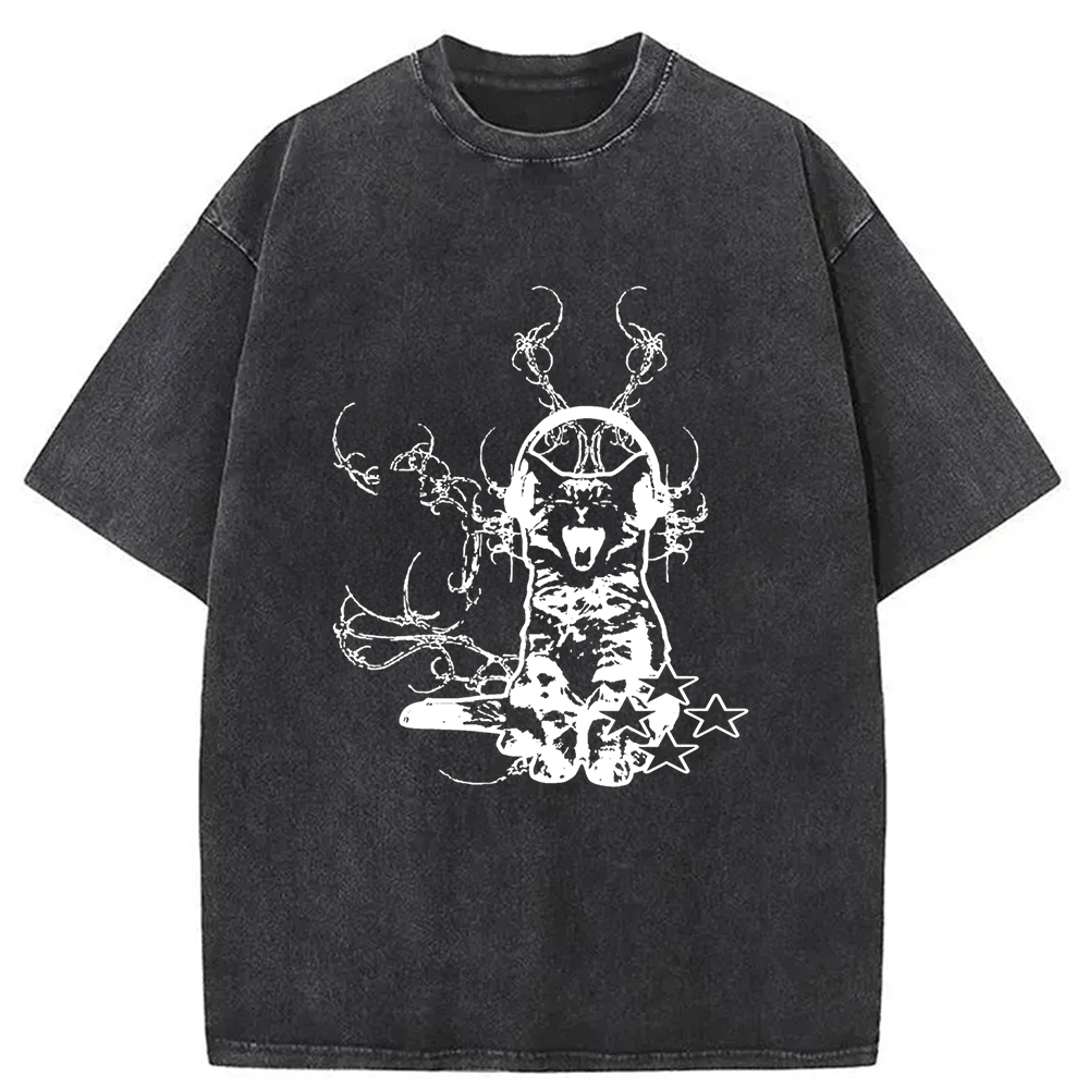 Modecanvas Funny Music Cat Washed T-Shirt
