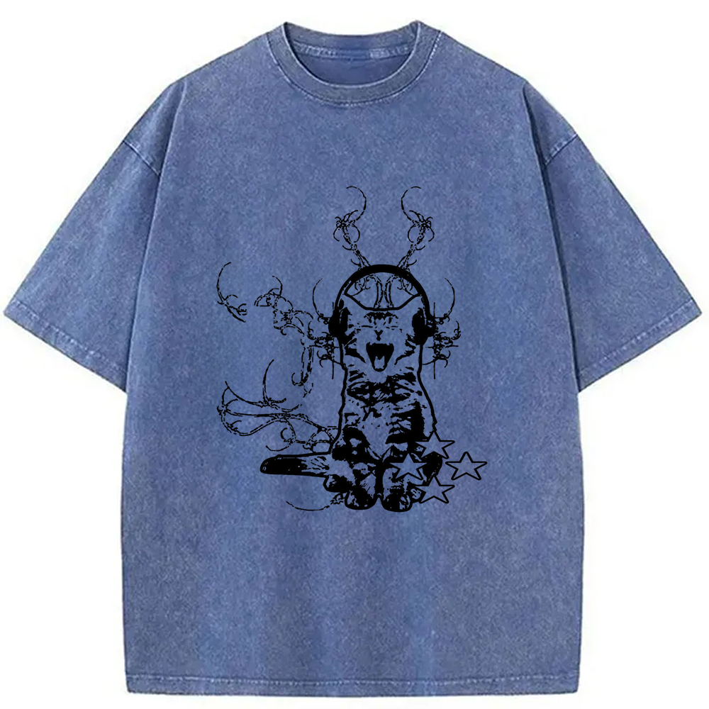 Modecanvas Funny Music Cat Washed T-Shirt