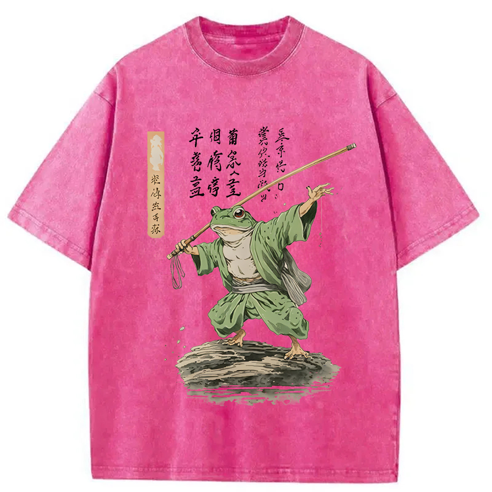 Modecanvas Frog Samurai Japanese Art Vintage Washed T-Shirt-modecanvas