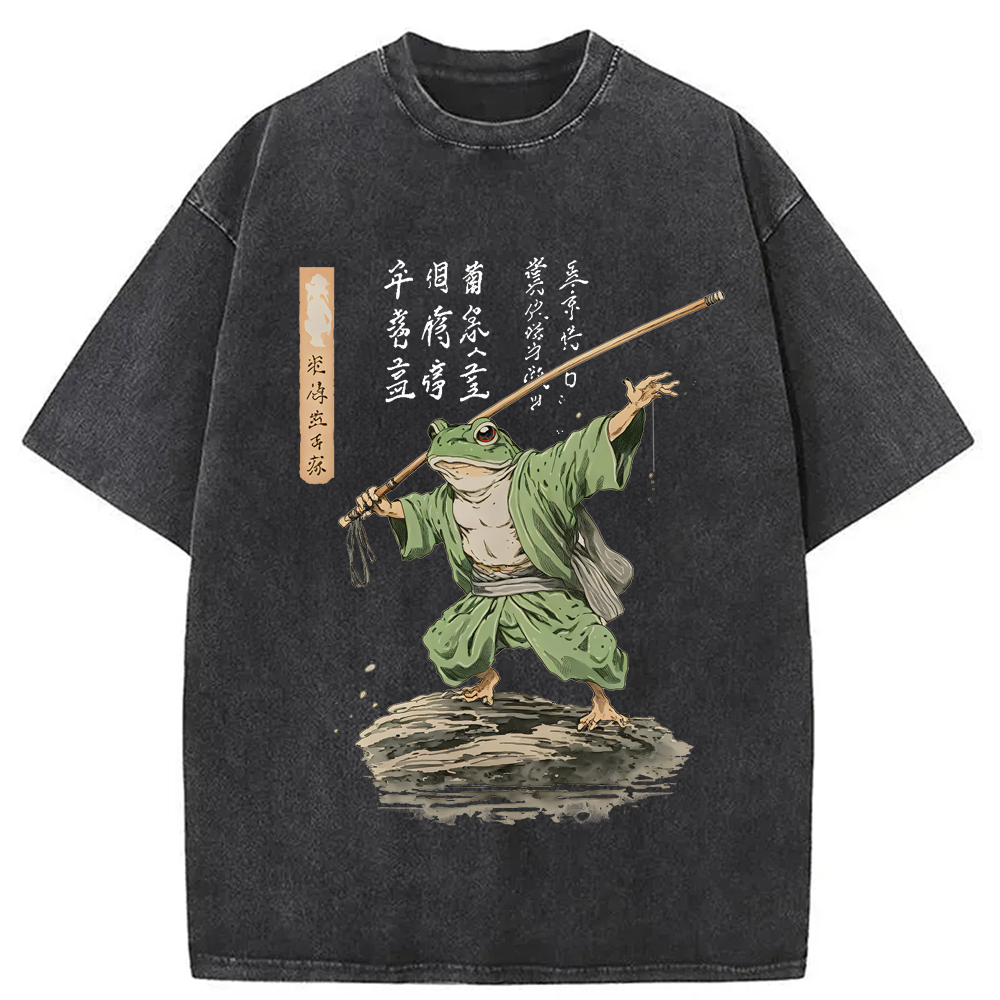 Modecanvas Frog Samurai Japanese Art Vintage Washed T-Shirt-modecanvas