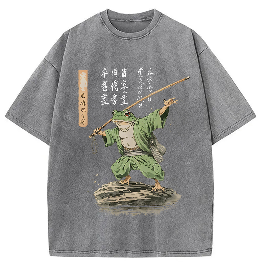 Modecanvas Frog Samurai Japanese Art Vintage Washed T-Shirt-modecanvas