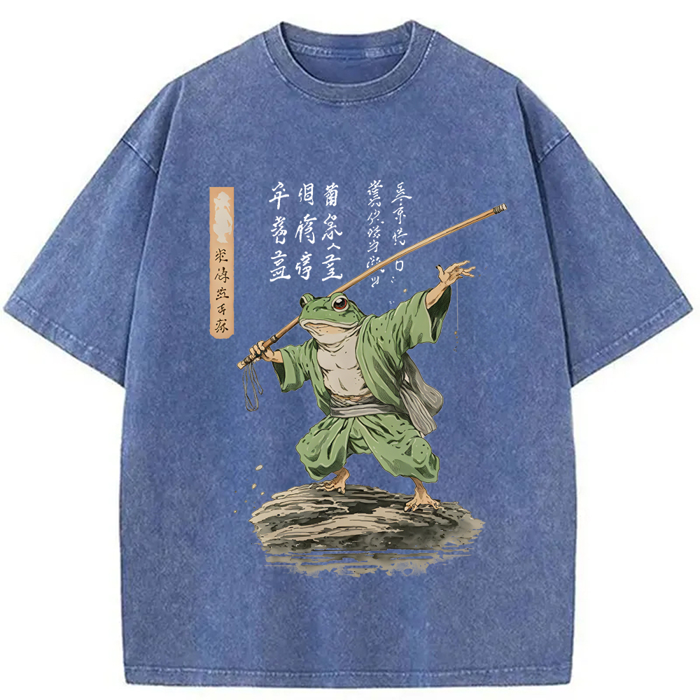 Modecanvas Frog Samurai Japanese Art Vintage Washed T-Shirt-modecanvas
