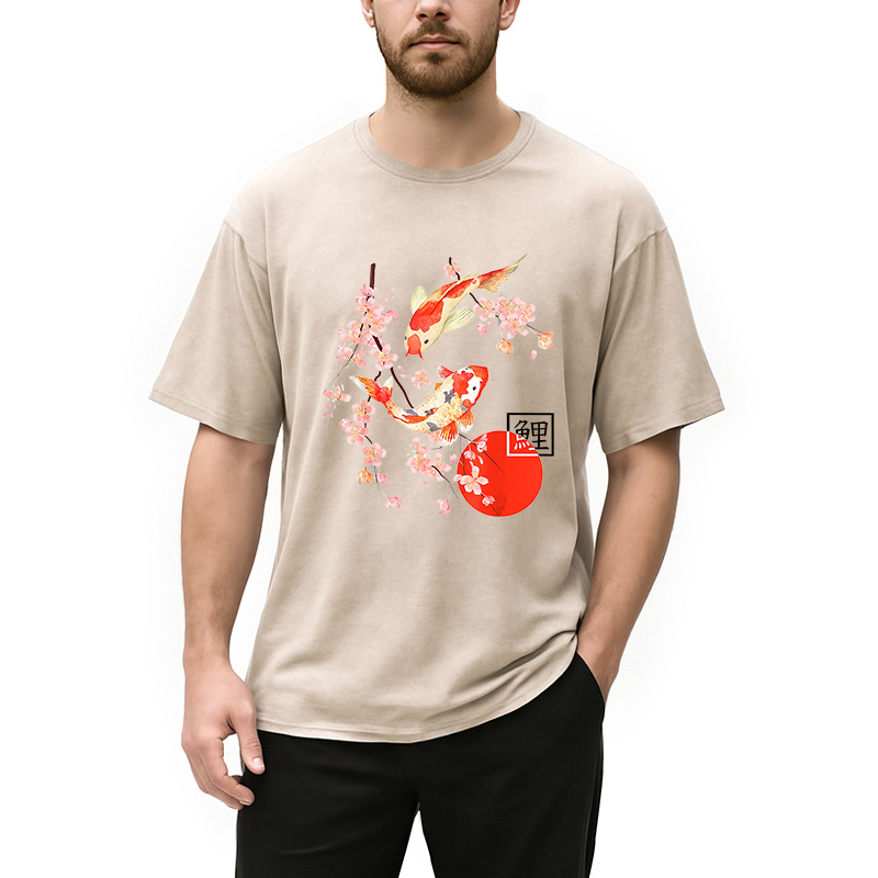 Modecanvas Cherry Blossom Koi Carp Fish Japanese Sakura Washed T-Shirt