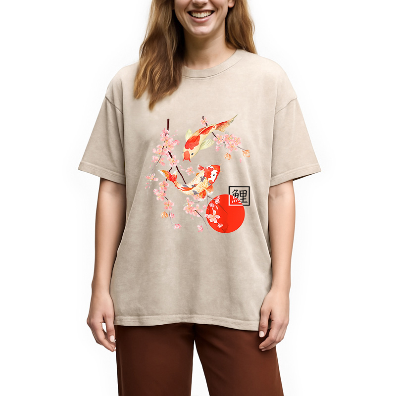 Modecanvas Cherry Blossom Koi Carp Fish Japanese Sakura Washed T-Shirt