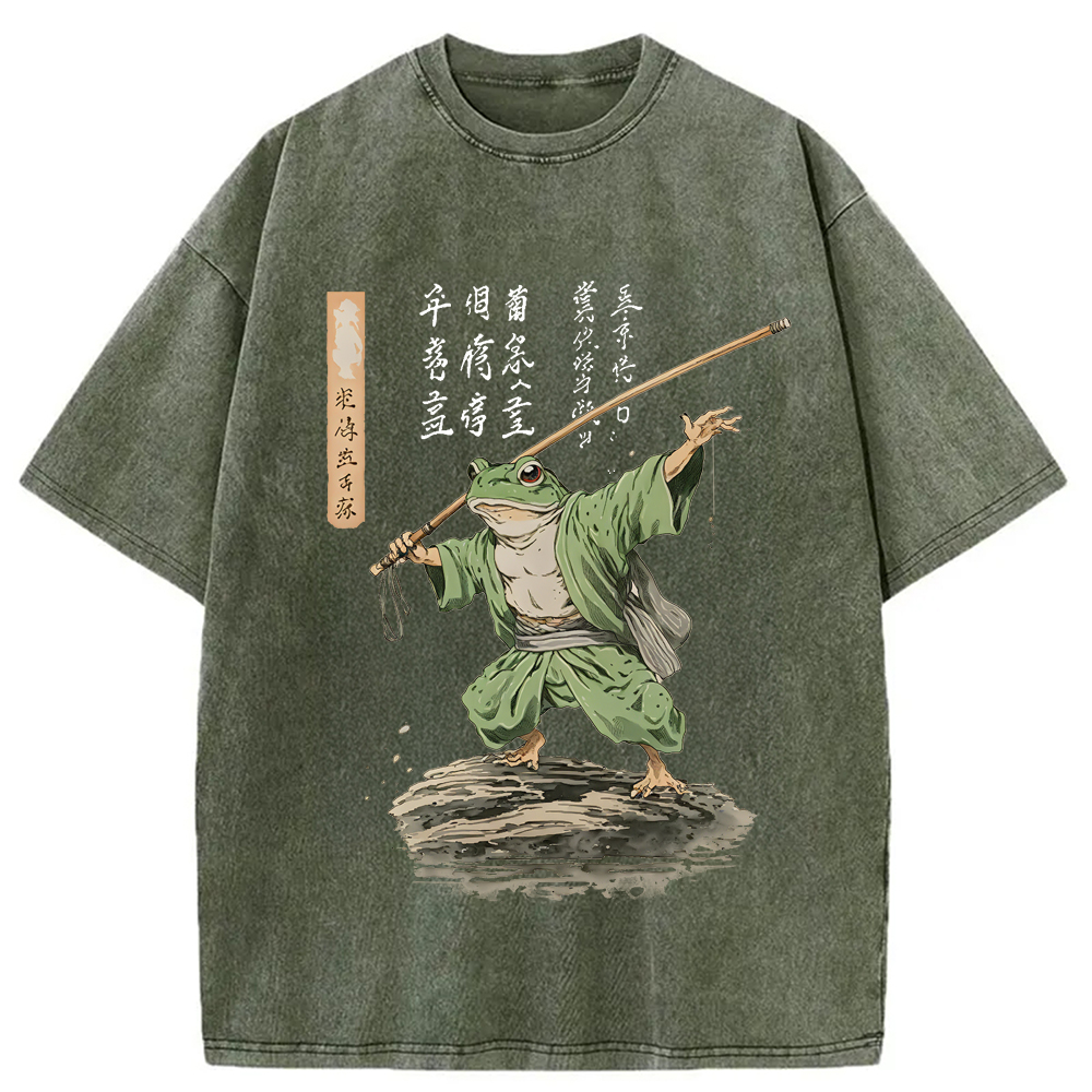 Modecanvas Frog Samurai Japanese Art Vintage Washed T-Shirt-modecanvas