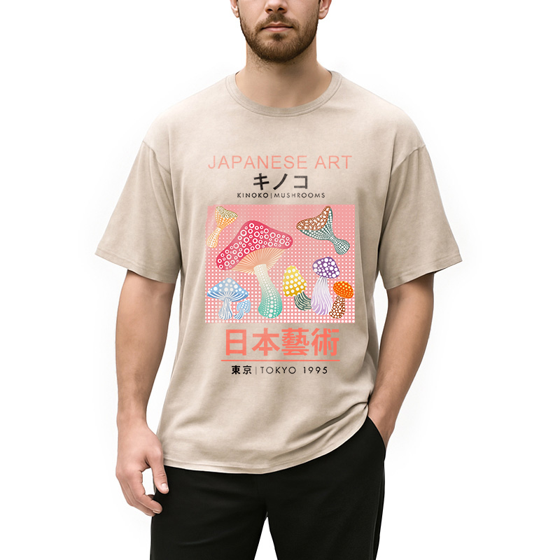 Modecanvas Pink Mushroom Japanese Art Washed T-Shirt