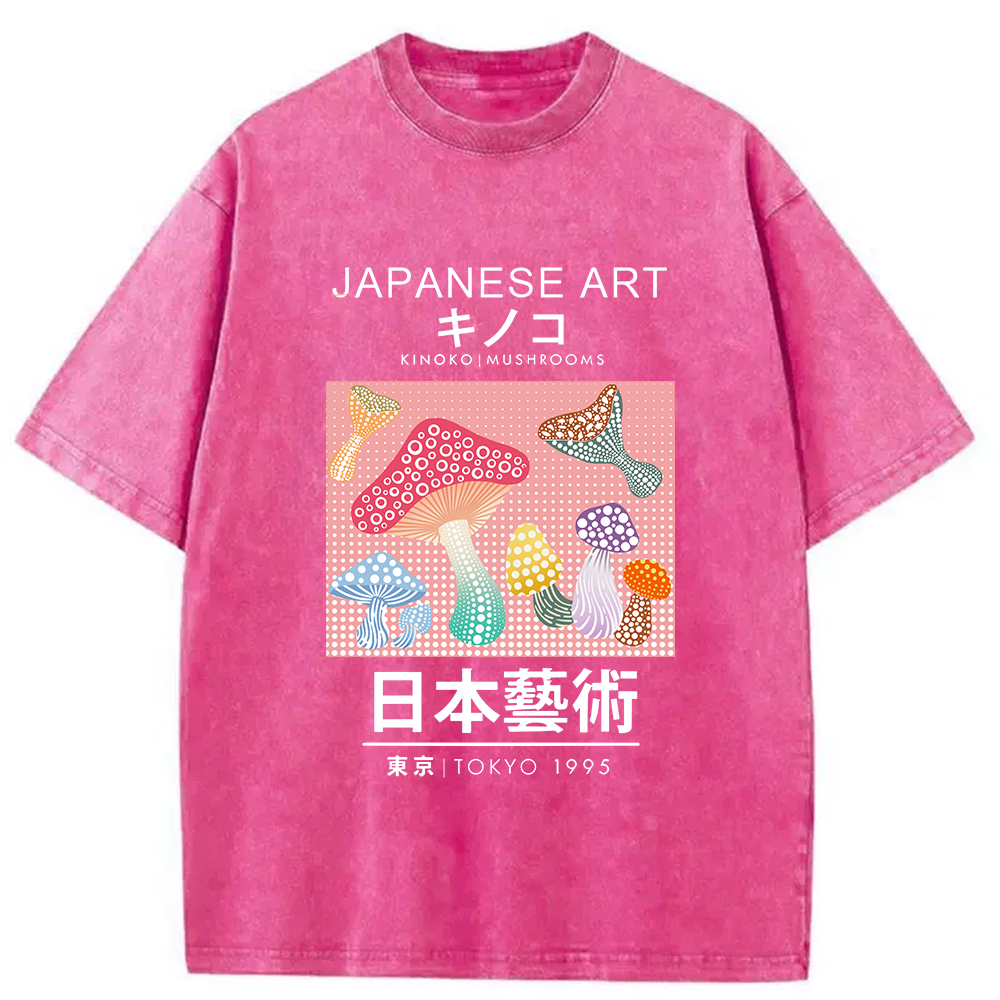 Modecanvas Pink Mushroom Japanese Art Washed T-Shirt