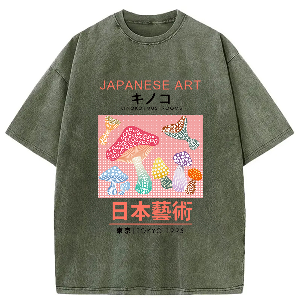 Modecanvas Pink Mushroom Japanese Art Washed T-Shirt