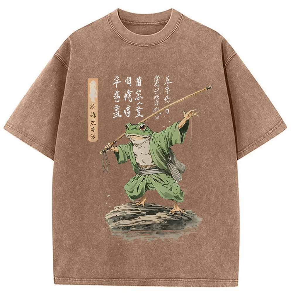 Modecanvas Frog Samurai Japanese Art Vintage Washed T-Shirt-modecanvas