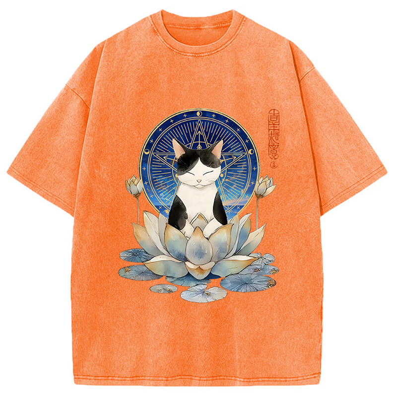 Modecanvas Funny Cat Lotus Zen Auspiciousness Washed T-Shirt