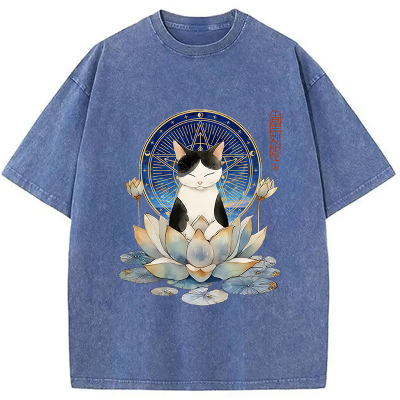 Modecanvas Funny Cat Lotus Zen Auspiciousness Washed T-Shirt