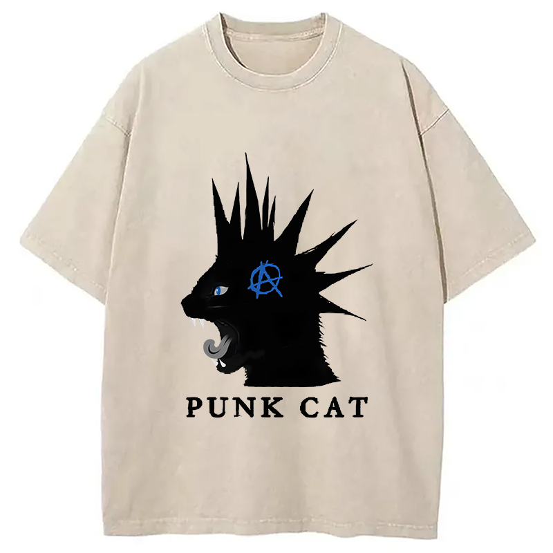 Modecanvas Punk Cat Funny Washed T-Shirt