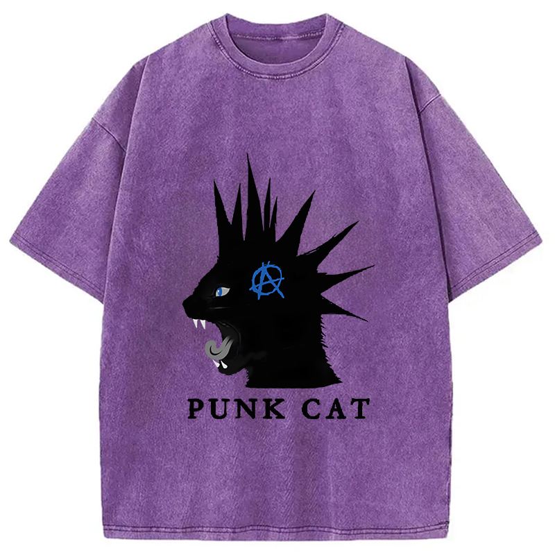 Modecanvas Punk Cat Funny Washed T-Shirt