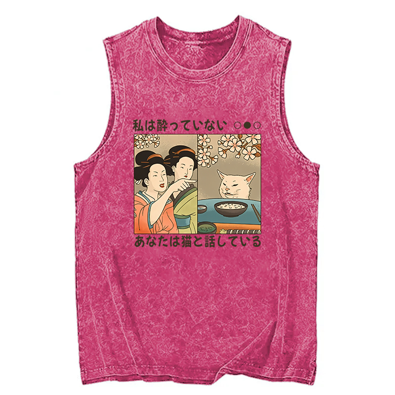 Modecanvas Japanese Woman Shouting at a Cat DTG Printing Washed Tank-modecanvas