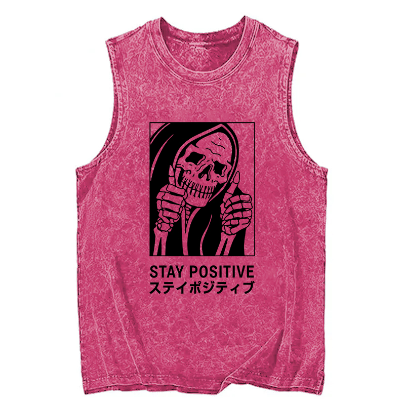 Modecanvas Stay Positive Skeleton DTG Printing Washed Tank-modecanvas