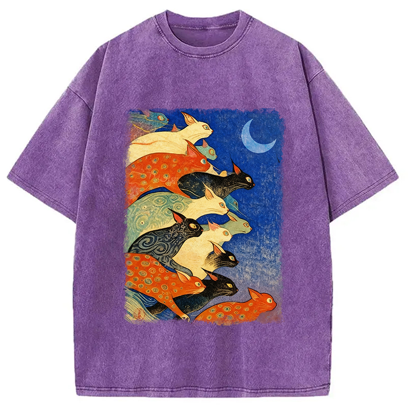 Modecanvas Colorful Flowing Cats Washed T-Shirt