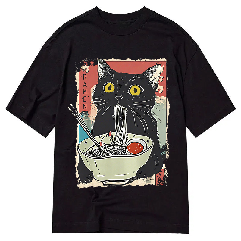 Modecanvas Cute Cat Eating Ramen DTG Printing Classic T-Shirt-modecanvas