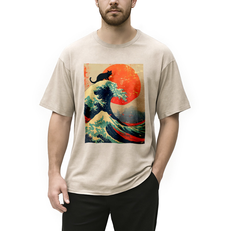 Modecanvas Black Cat On Great Wave Washed T-Shirt