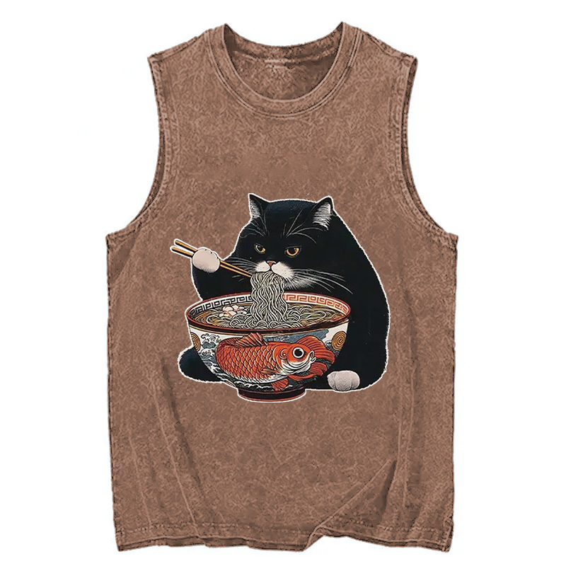 Modecanvas Fat Cat Eating Ramen DTG Printing Washed Tank-modecanvas