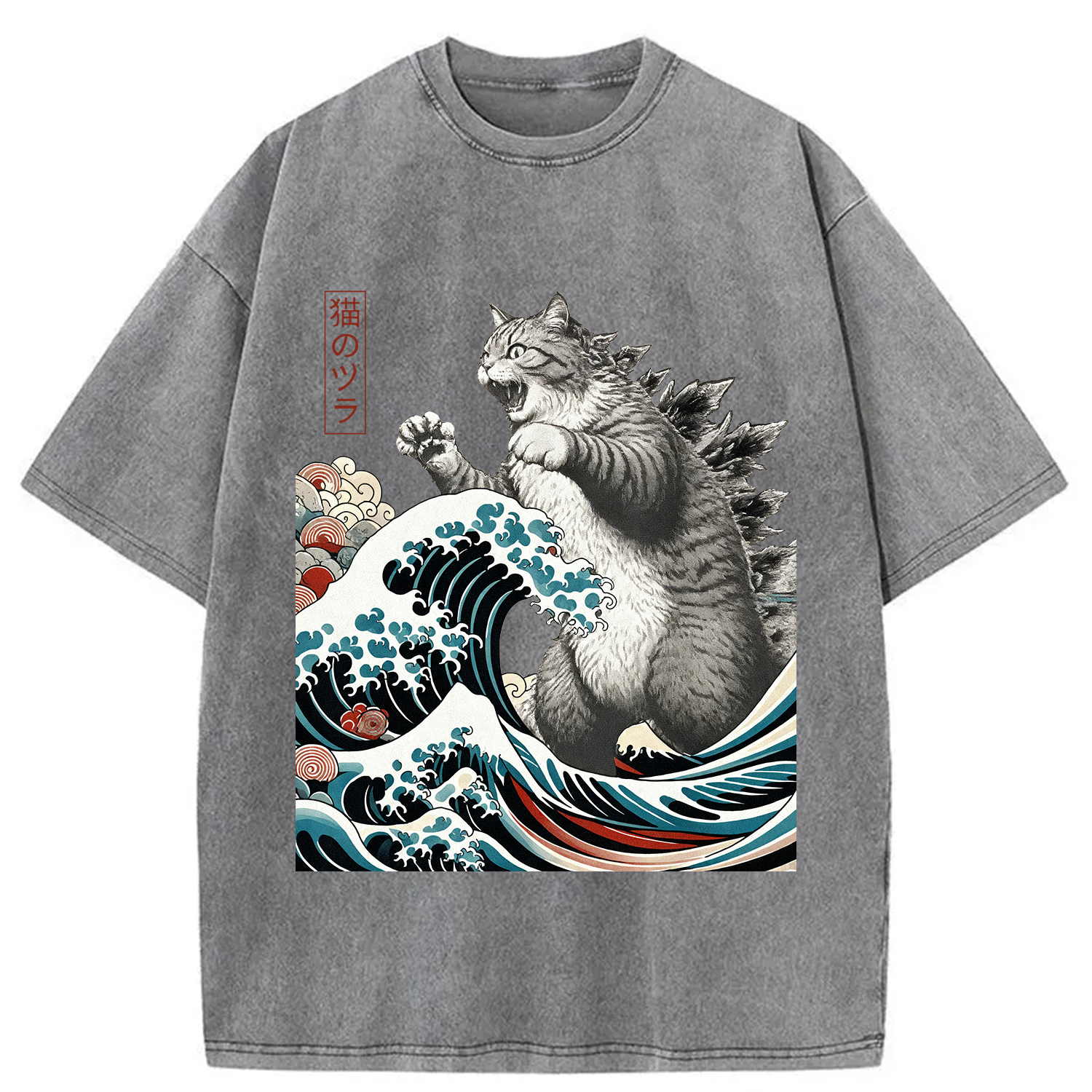 Modecanvas Cat Ukiyoe Great Wave Vintage Japanese Design Washed T-Shirt-modecanvas