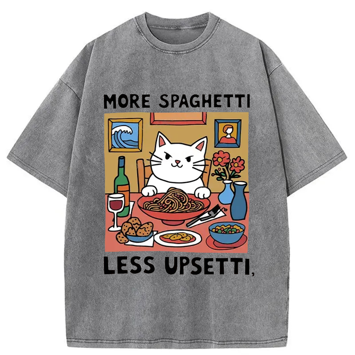 Modecanvas Cat Eating Spaghetti Washed T-Shirt