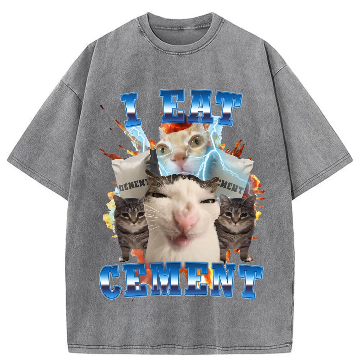 Modecanvas I Eat Cement Funny Cat Meme Washed T-Shirt-modecanvas
