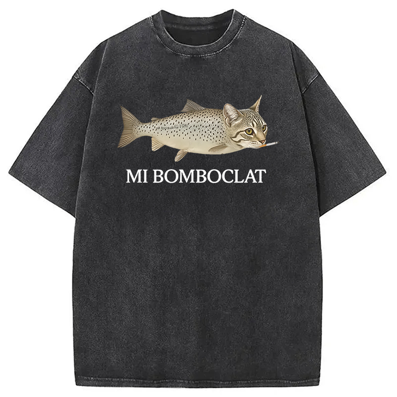 Modecanvas Bomboclat Fish Cat Meme Washed T-Shirt-modecanvas