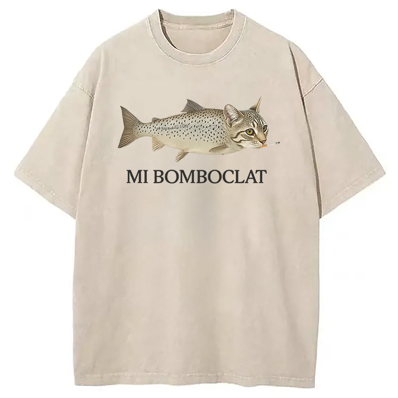 Modecanvas Bomboclat Fish Cat Meme Washed T-Shirt-modecanvas