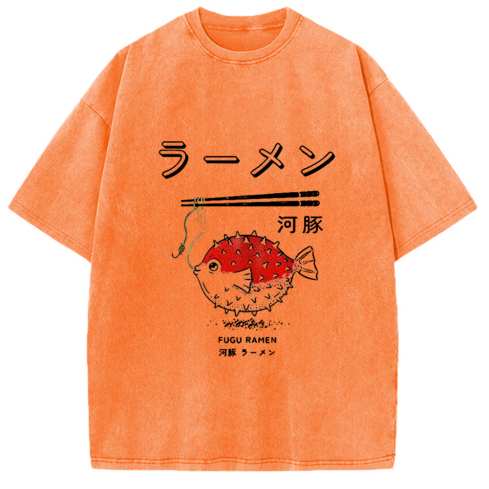 Modecanvas Fugu Ramen Japanese Retro Print Washed T-Shirt-modecanvas