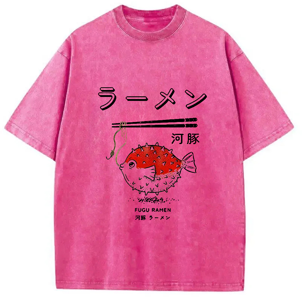 Modecanvas Fugu Ramen Japanese Retro Print Washed T-Shirt-modecanvas