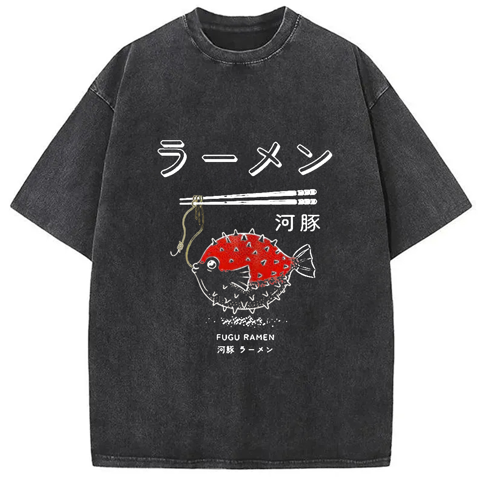 Modecanvas Fugu Ramen Japanese Retro Print Washed T-Shirt-modecanvas