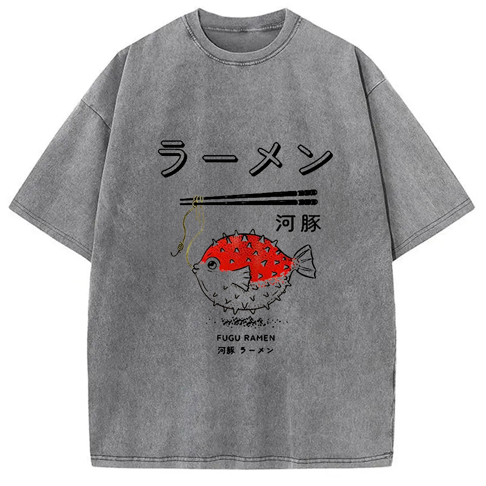 Modecanvas Fugu Ramen Japanese Retro Print Washed T-Shirt-modecanvas