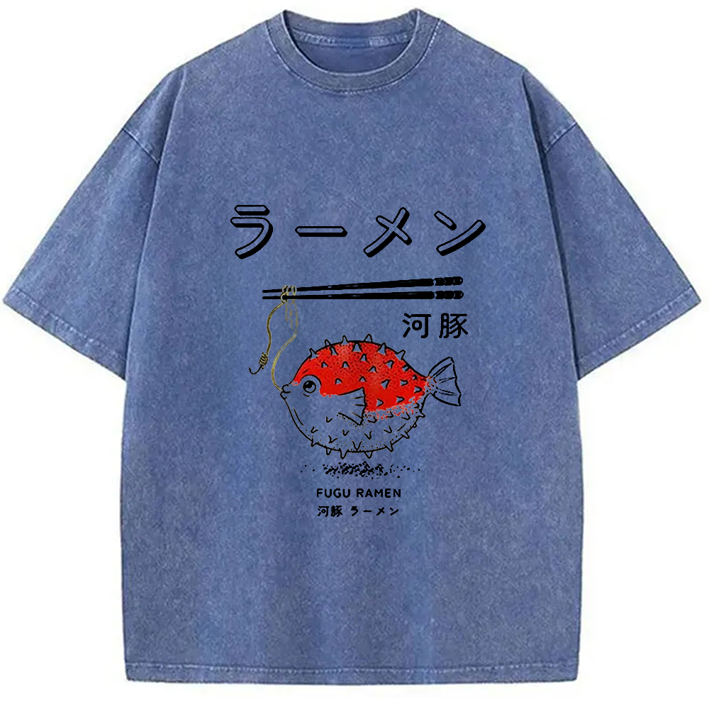 Modecanvas Fugu Ramen Japanese Retro Print Washed T-Shirt-modecanvas
