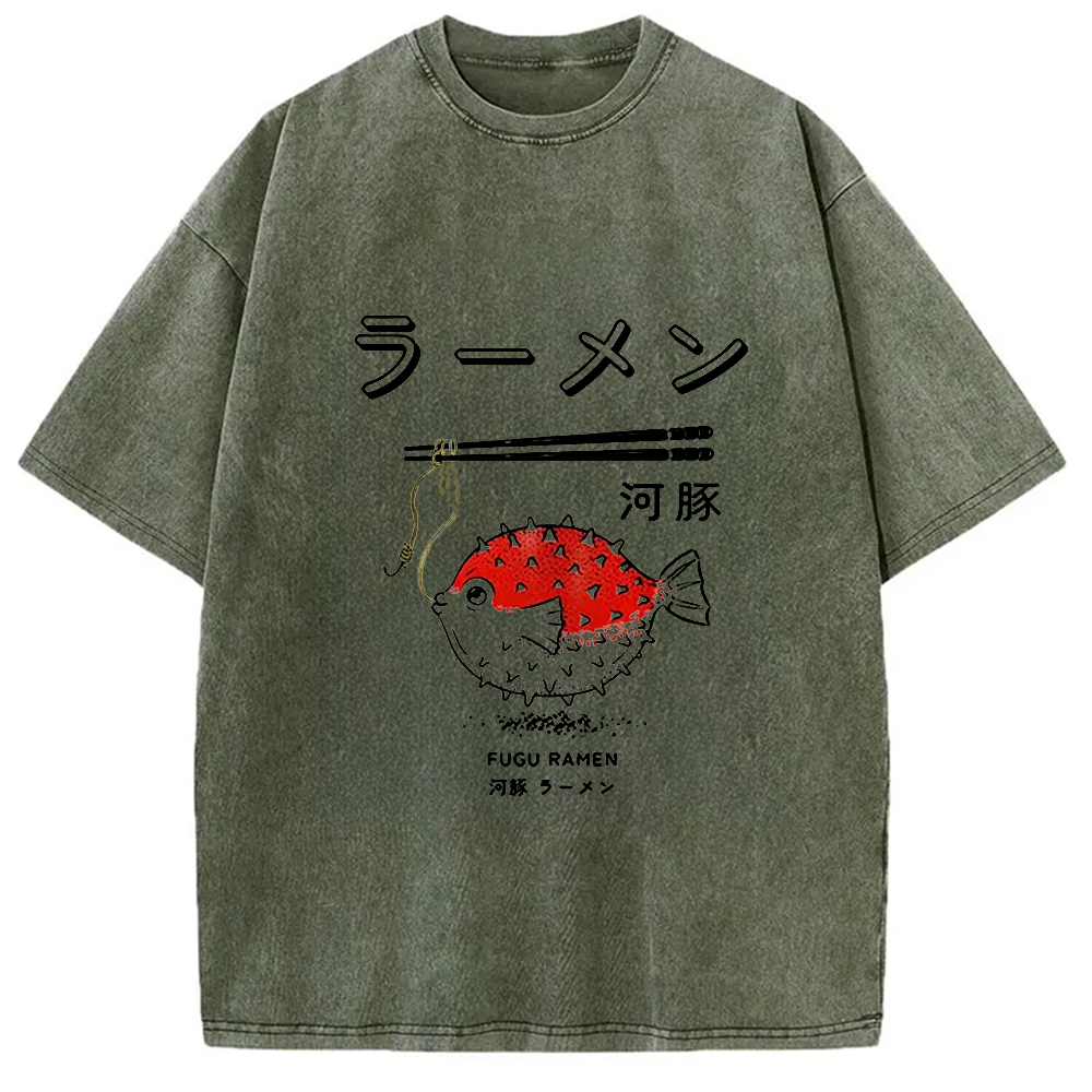 Modecanvas Fugu Ramen Japanese Retro Print Washed T-Shirt-modecanvas