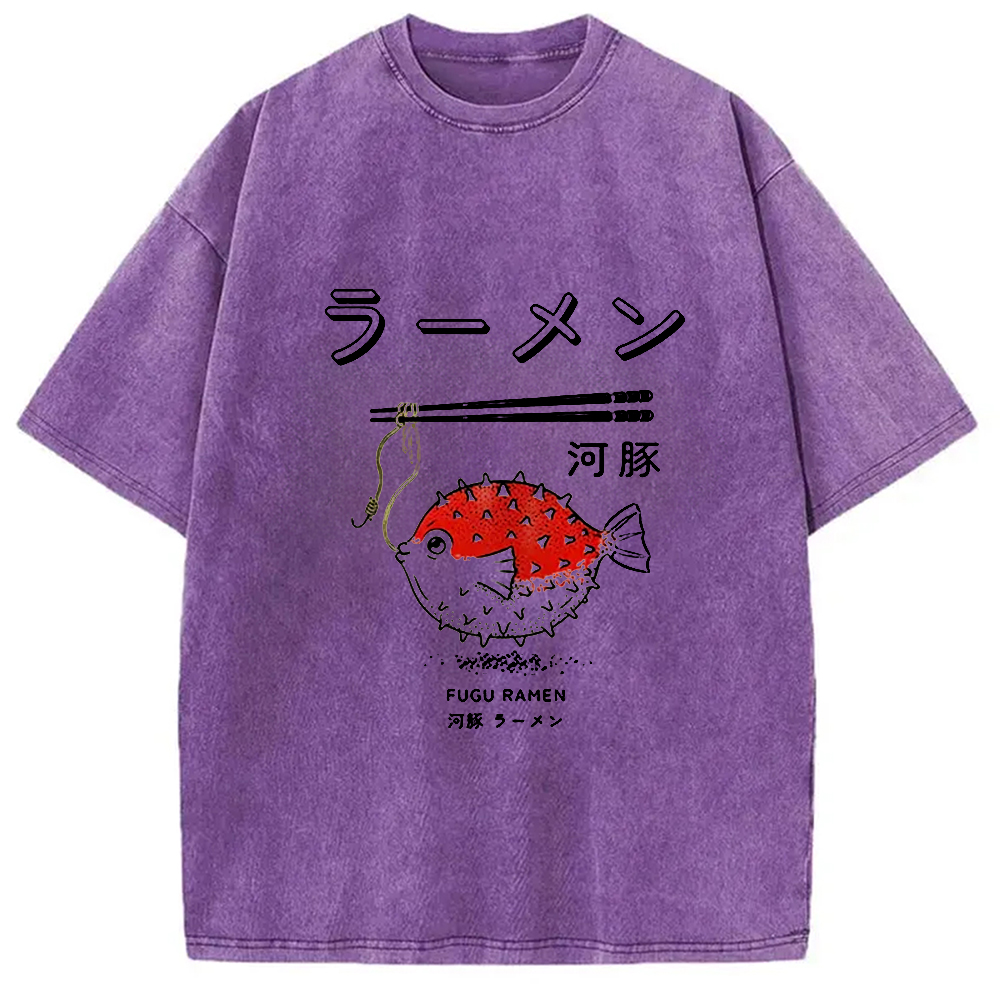 Modecanvas Fugu Ramen Japanese Retro Print Washed T-Shirt-modecanvas