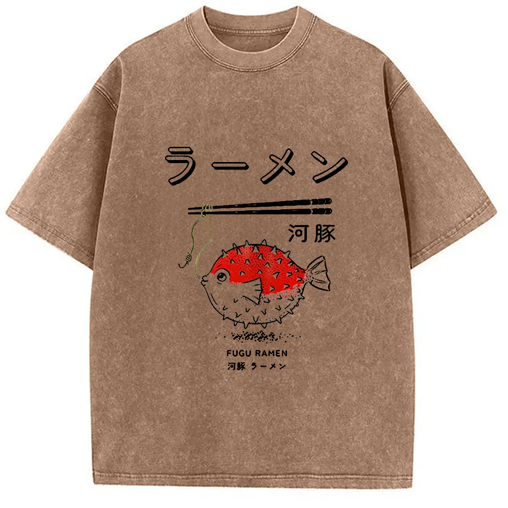 Modecanvas Fugu Ramen Japanese Retro Print Washed T-Shirt-modecanvas