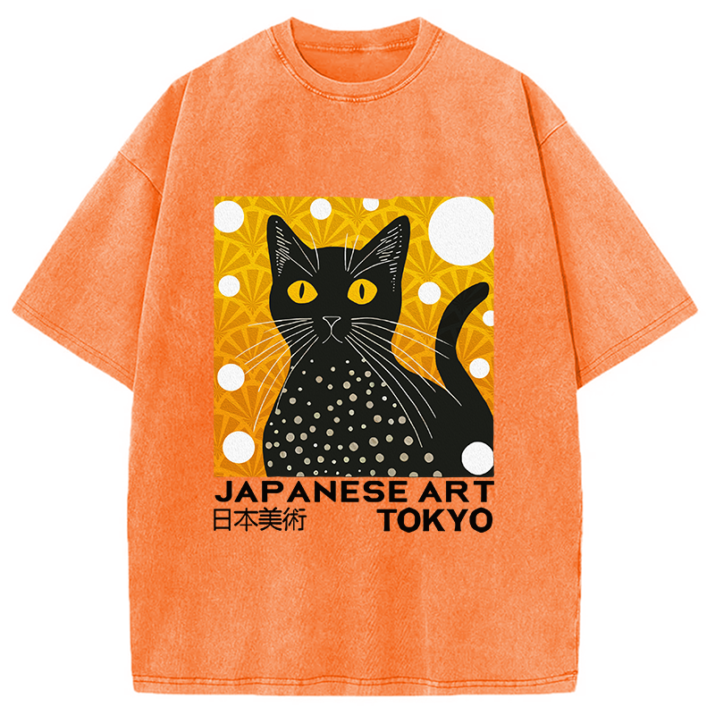 Modecanvas Black Cat Janpanese Art Washed T-Shirt