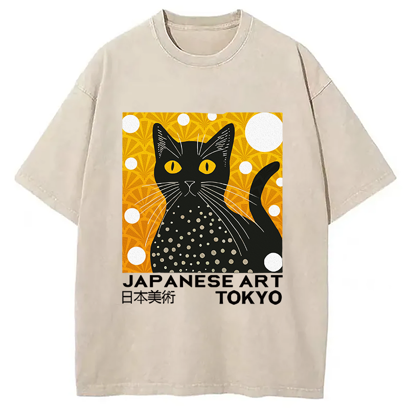 Modecanvas Black Cat Janpanese Art Washed T-Shirt