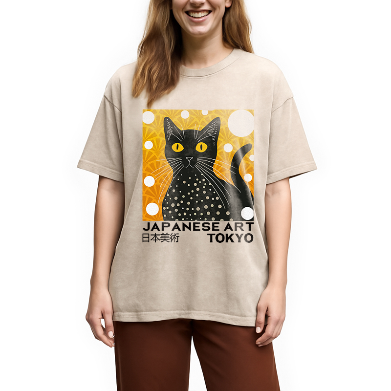 Modecanvas Black Cat Janpanese Art Washed T-Shirt