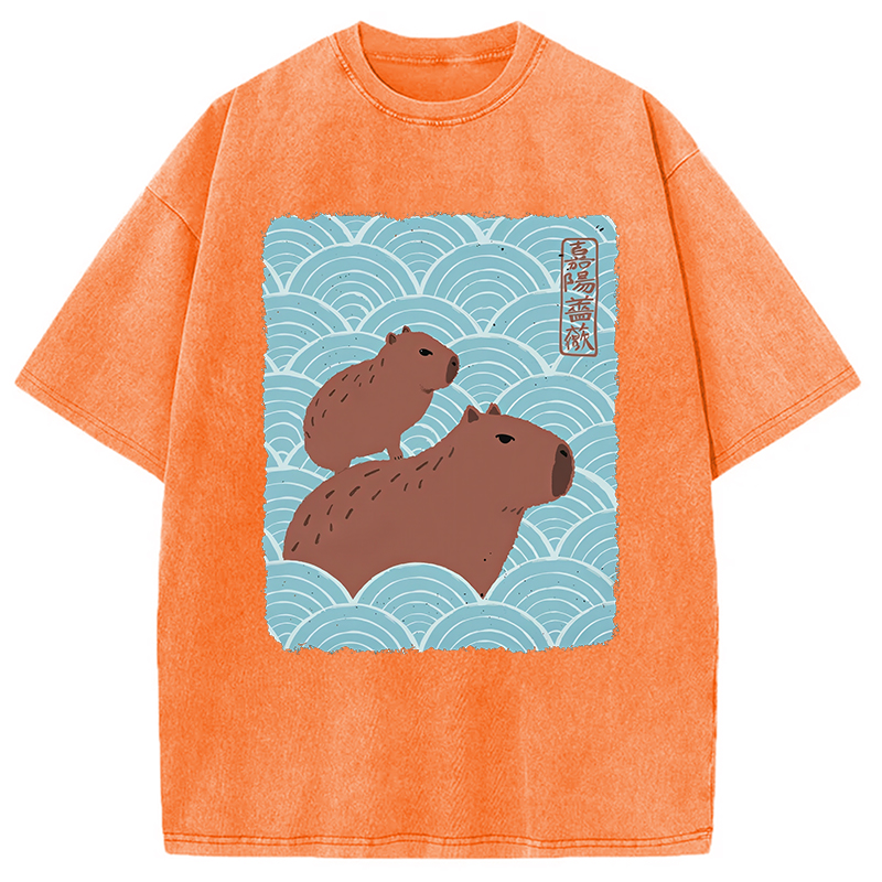 Modecanvas Kawaii Capybara Ukiyo-e Washed T-Shirt