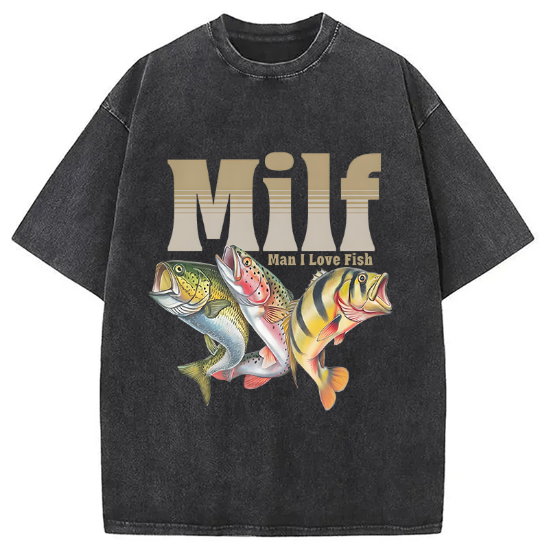 Modecanvas Man I Love Fish Meme Washed T-Shirt-modecanvas