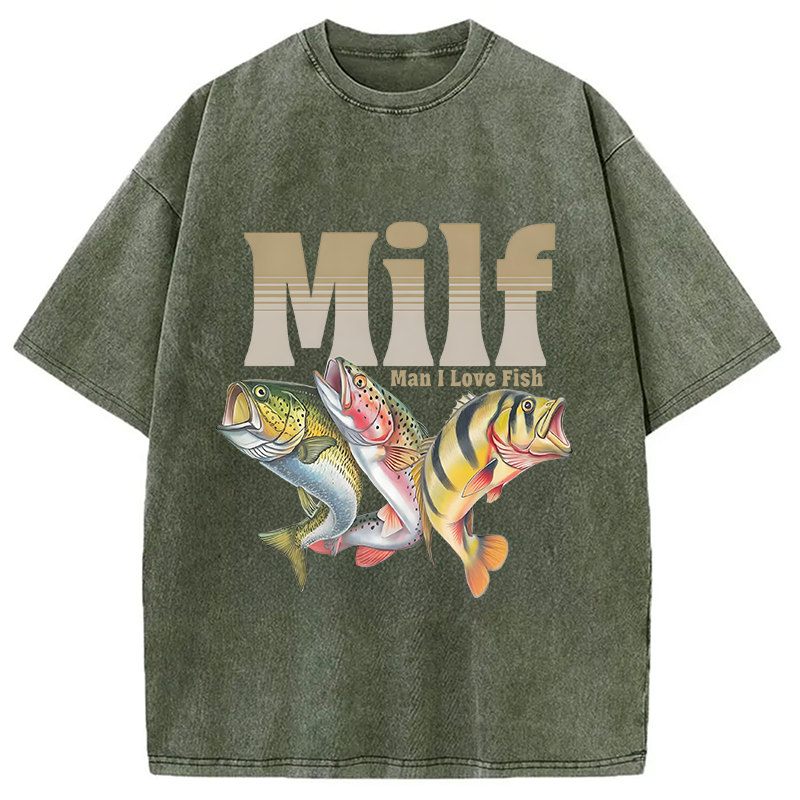 Modecanvas Man I Love Fish Meme Washed T-Shirt-modecanvas