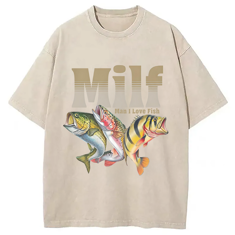 Modecanvas Man I Love Fish Meme Washed T-Shirt-modecanvas
