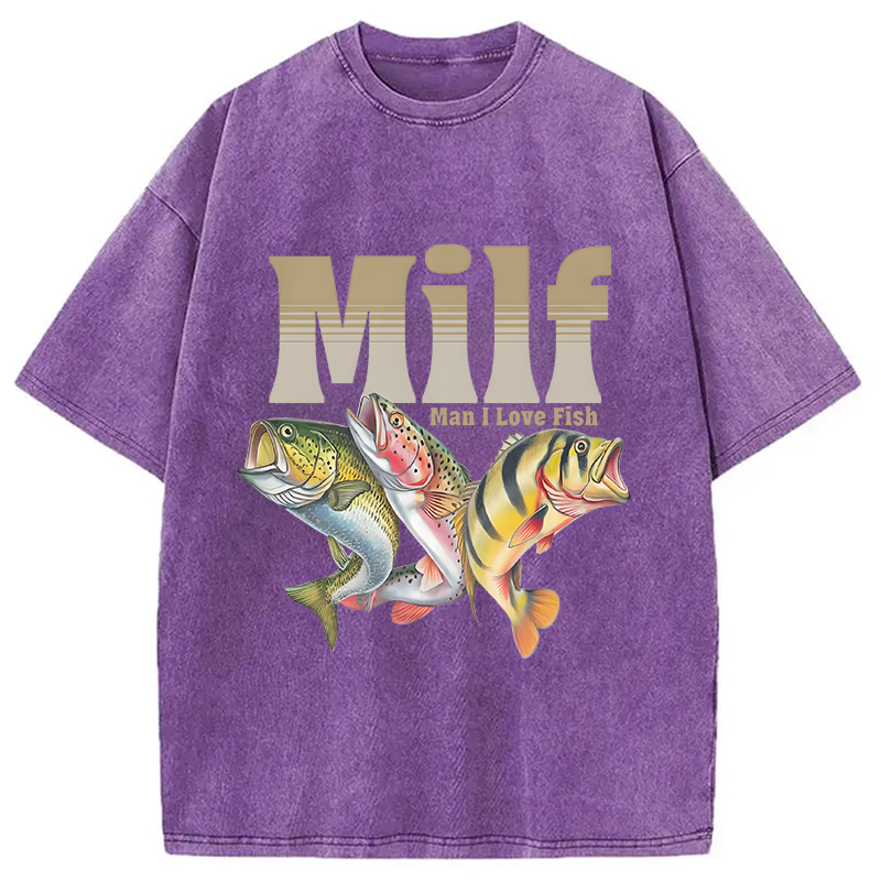 Modecanvas Man I Love Fish Meme Washed T-Shirt-modecanvas
