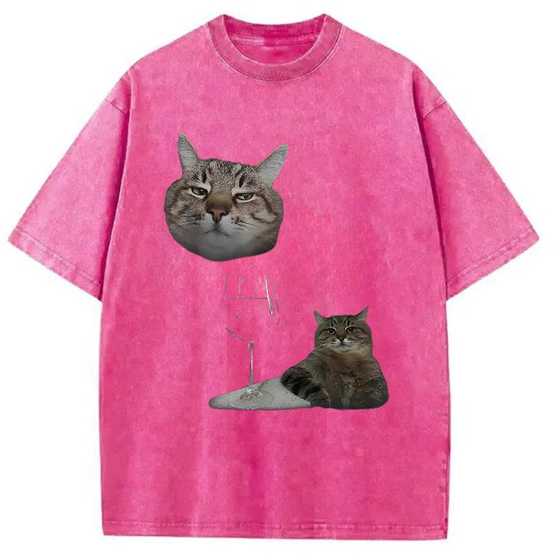 Modecanvas Funny Cat And Wine Art Cats Drinking Washed T-Shirt