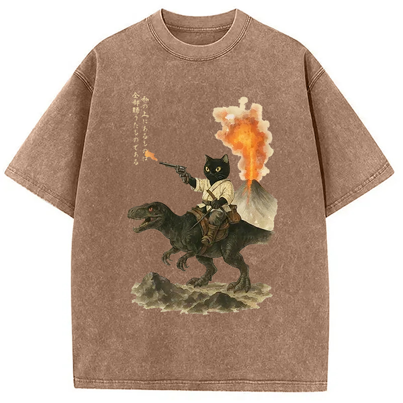 Modecanvas Cat Riding A Dinosaur Washed T-Shirt-modecanvas